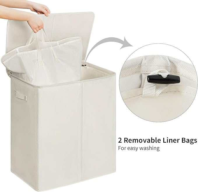 WOWLIVE 140L Double Laundry Hamper with Lid and Removable Laundry Bags, Large Dirty Clothes Hamper 2 section Collapsible Laundry Basket Dorm Room Storage for Bedroom, Bathroom, College,Beige