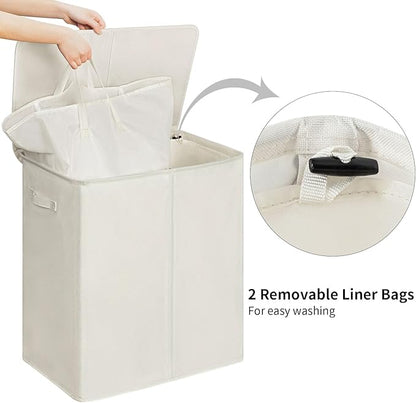 WOWLIVE 140L Double Laundry Hamper with Lid and Removable Laundry Bags, Large Dirty Clothes Hamper 2 section Collapsible Laundry Basket Dorm Room Storage for Bedroom, Bathroom, College,Beige