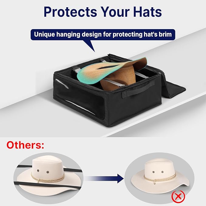 WOMACO Cowboy Hat Box, Hard Top Hat Storage Case for Cowboy Hats, Stackable Hat Organizer Foldable Hat Protector Bag with Handle (Black, 1 Pack)