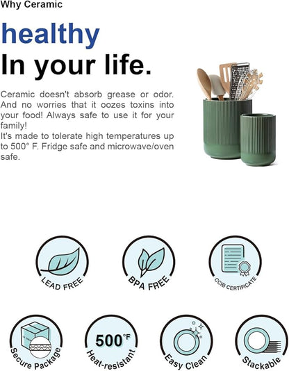 LE TAUCI Utensil Holder for Kitchen Counter, 7.3"+5.4" Fluted Ceramic Utensil Crock Organizer for Countertop, Heavy Large Holder for Spatulas, Spoons, Set of 2, Forest Green