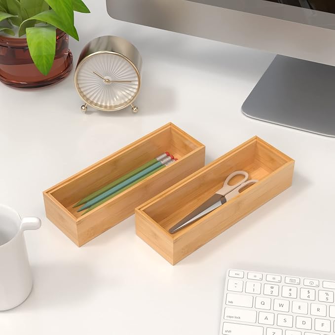 VeyFey Silverware Tray for Drawer, Stackable Kitchen Bamboo Drawer Organizer 9" x 3" x 2" Set of 2