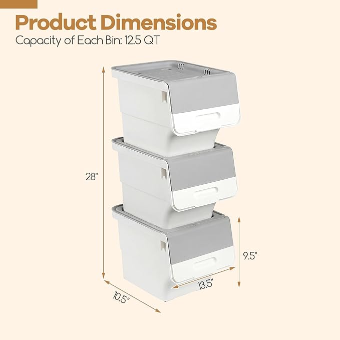 Giantex Plastic Stackable Storage Bins with Lids & Wheels, 6 Pack Open Front Stacking Bins, Organizer Bins for Pantry, Kitchen, Laundry, Closet, Playroom, Bedroom Organization （12.5 QT）