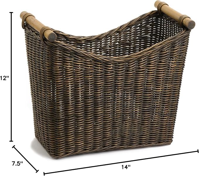 The Basket Lady Narrow Wicker Magazine Basket, Large, 14 in L x 7.5 in W x 12 in H, Antique Walnut Brown