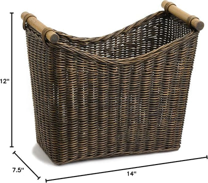 The Basket Lady Narrow Wicker Magazine Basket, Large, 14 in L x 7.5 in W x 12 in H, Antique Walnut Brown