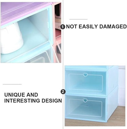 6 Pcs Women’s Plastic Shoe Storage Boxes with Flip Lid, Drawer-style Organizer 31×21.5×12.5 Cm, Heart Pattern Blue for Closet and Home Shoes Storage