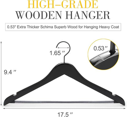 TOPIA HANGER Premium Wooden Hangers, Luxury Boutique Wood Hangers with Extra Thick Hook and Non Slip Pants Bar, Heavy Duty Coat Hanger with Notches 16 Pack, Black -CT01B