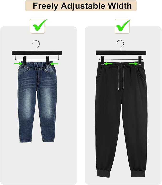 TOPIA HANGER Black Wooden Pants Hangers, Wood Skirt Hangers with Clips, Deluxe Jeans Hanger with 360° Swivel Anti-Rust Flat Hook, Smooth Finish Wood Hangers for Slacks Trousers 20 Pack, CT03B