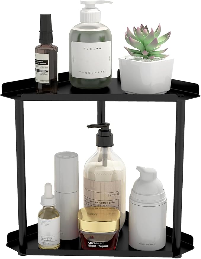 Jesginboo 2 Tier Bathroom Counter Organizer, Vanity Organizer Corner Shelf, Skincare, Makeup Countertop Organizers, Kitchen, Bathroom Counter Storage, Black