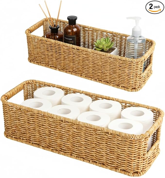 Toilet Paper Storage Basket, Small Wicker Shelf Basket Rectangle Pantry Baskets for Storage Organizer, Cute Baskets for Bathroom Bedroom Kitchen Shelves Decor (Beige)