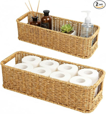Toilet Paper Storage Basket, Small Wicker Shelf Basket Rectangle Pantry Baskets for Storage Organizer, Cute Baskets for Bathroom Bedroom Kitchen Shelves Decor (Beige)