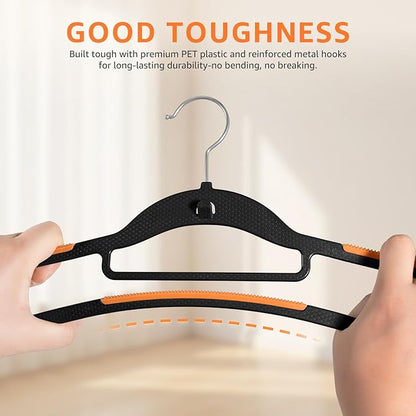 Yolife Cascading Plastic Clothes Hangers 10 Pack with Inner Hook for Vertical Storage, Slim Space Saving Hangers with Non-Slip Pads, 360° Swivel Metal Hook, Versatile, Black & Orange