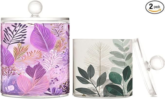 2 Pack Qtip Dispenser Apothecary Jars with Lids Cotton Round Holder Bathroom Canisters for Cotton Swab Floss Ball Pads Clear Plastic Decorative Purple and Beige Boho Leaves