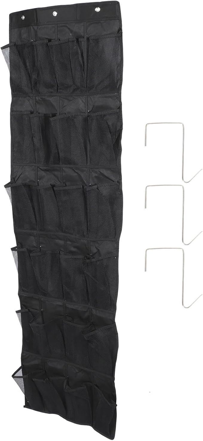 NUOBESTY 24-pocket Over-the-door Shoe Organizer Bag, Breathable Mesh Hanging Storage Pouch 48x168cm, Black, Space-saving Closet Shoe Storage for Home Use