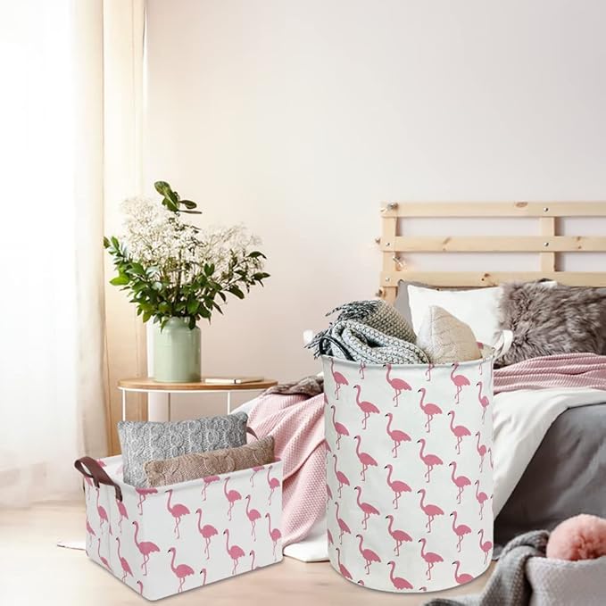 CLOCOR Rectangular Flamingo Storage Basket,Collapsible Cute Pattern Storage Bin,Waterproof Coating Storage Box with Handles,Gift Baskets, Shelf Basket (Flamingo)