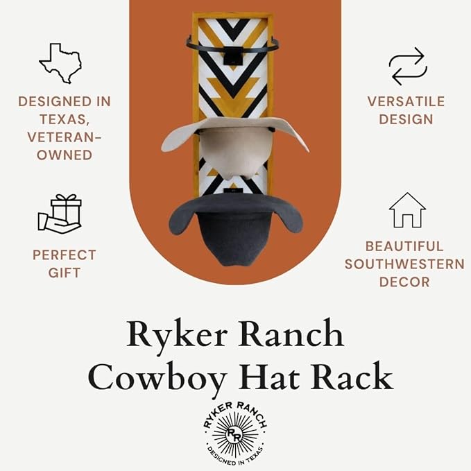 Ryker Ranch Cowboy Hat Rack for Wall | Western Hat Rack for Cowboy Hats | Wood and Metal Cowboy Hat Holder for Wall with Southwestern Style | Cowboy Hat Hanger for Western Decor