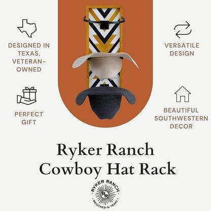 Ryker Ranch Cowboy Hat Rack for Wall | Western Hat Rack for Cowboy Hats | Wood and Metal Cowboy Hat Holder for Wall with Southwestern Style | Cowboy Hat Hanger for Western Decor