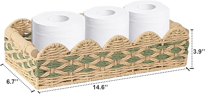 Scalloped Toilet Paper Basket: Handwoven Wicker Tank Topper Organizer for Farmhouse & Boho Home Decor
