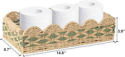 Scalloped Toilet Paper Basket: Handwoven Wicker Tank Topper Organizer for Farmhouse & Boho Home Decor