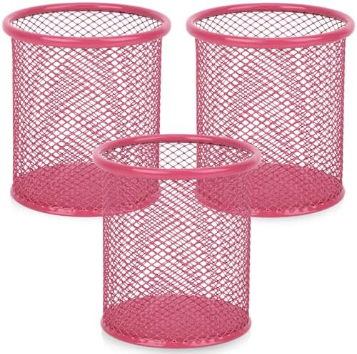 Segarty Pen Cup, 3 Pack Cute Dark Pink Pen Holder, Round Mesh Pencil Holder for Desk, Desktop Accessories Organizer for Office Supply, School, Home Storage, Makeup Brush Organization by Segarty