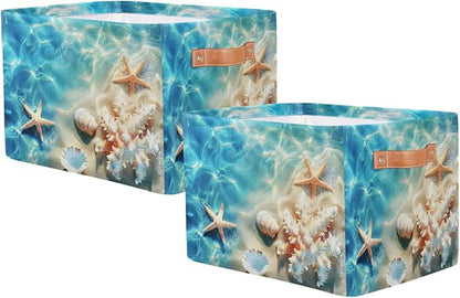 AUUXVA Storage Basket Tropical Sea Beach Starfish Seashell Storage Cube Box Durable Canvas Collapsible Toy Basket Organizer Bin with Handles for Shelf Closet Bedroom Home Office