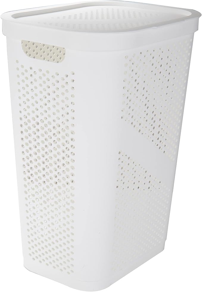 Mind Reader Slim Laundry Hamper with Lid, 60L Clothes Basket, Ventilated Plastic, White