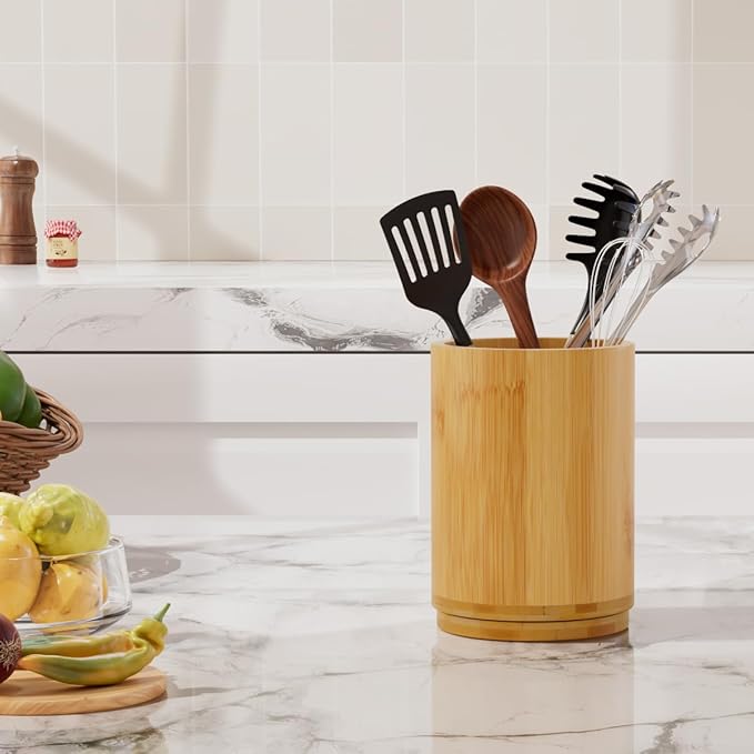 Utensil Holder, Bamboo Kitchen Utensil Holder for Countertop, 360°Rotating Cooking Utensil Crock for Kitchen Counter, 7.2" Large Utensil Organizer for Spatula