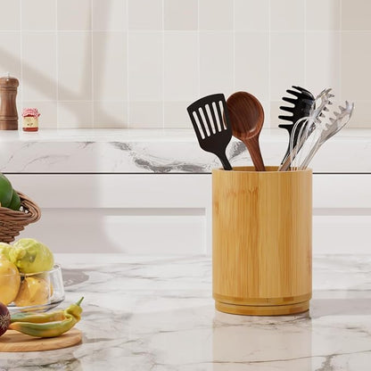 Utensil Holder, Bamboo Kitchen Utensil Holder for Countertop, 360°Rotating Cooking Utensil Crock for Kitchen Counter, 7.2" Large Utensil Organizer for Spatula