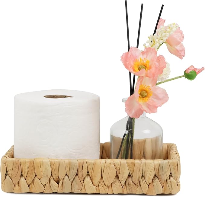 Bathroom Tray Countertop, 10 Inch Water Hyacinth Bathroom Basket, Toilet Tank Bathroom Vanity Tray, Rattan Wicker Tray for Bathroom Decor Coffee Table (Small)