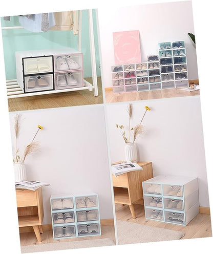 VANZACK 6PCS Thickened Transparent Stackable Shoes Storage Box Plastic Shoe Organizer for Men White Frame Shoebox Container for Small Spaces Dorm Closets