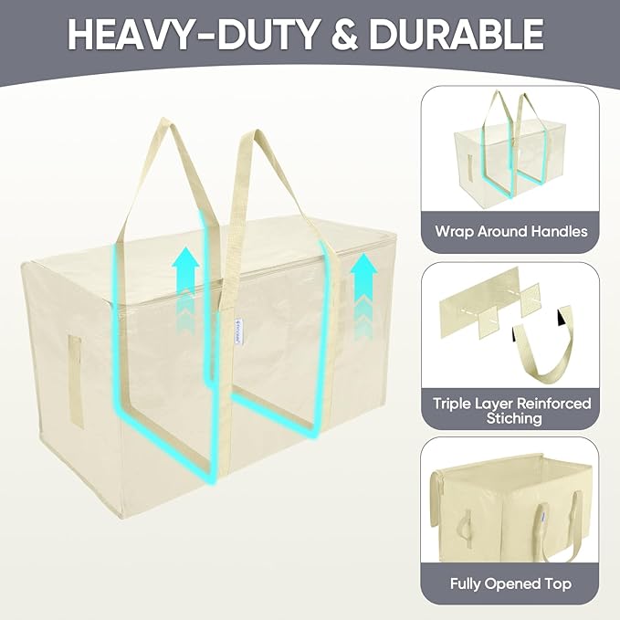 TICONN 2 Pack Extra Large Moving Bags Heavy Duty with Zippers & Carrying Handles, Durable Storage Bags Moving Boxes for Closet Organizers and Storage (2 Pack, Cream)