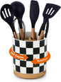 LoeJan 3 Compartment Utensil Holder, Extra Large Utensil Crock, Stable Ceramic Utensil Organizer, Cooking Tool Organizer Set for Kitchen Counter Farmhouse Decor (G-Black(Square))