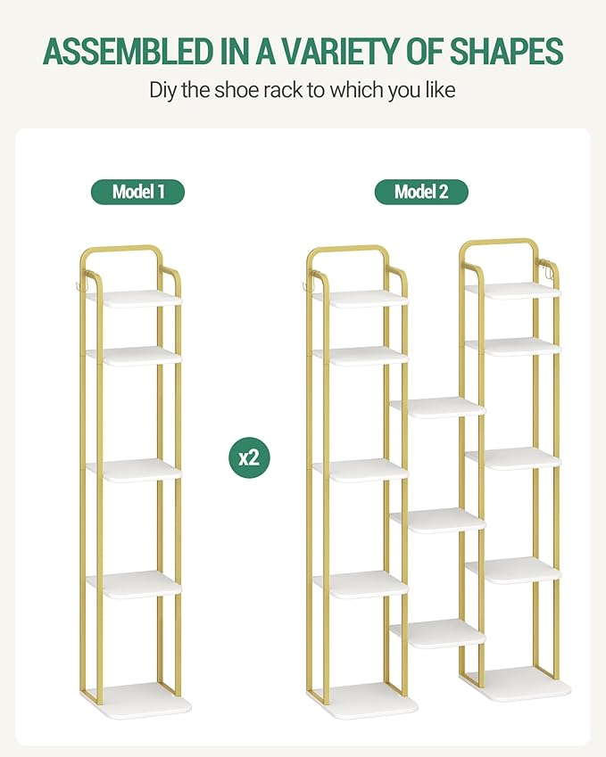Hzuaneri 8 Tiers Vertical Shoe Rack, Narrow Shoe Tower, Tall Shoes Shelf with 2 Hooks, Adjustable Shelves, Corner Shoes Shelves for Small Spaces, Entryway, Living Room, White Gold SR04313A