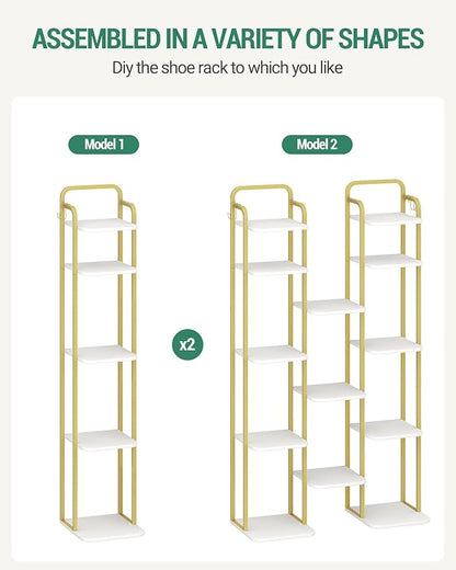 Hzuaneri 8 Tiers Vertical Shoe Rack, Narrow Shoe Tower, Tall Shoes Shelf with 2 Hooks, Adjustable Shelves, Corner Shoes Shelves for Small Spaces, Entryway, Living Room, White Gold SR04313A