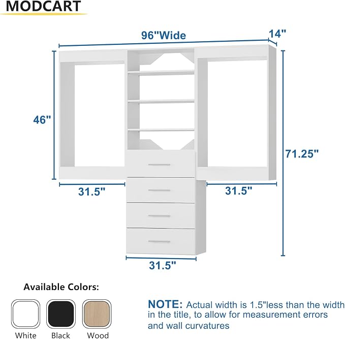 96" Modular Closet with Hanging and Drawers, White Wood Tower for Walk-In Closets, Wall-Mounted Wardrobe Organizer