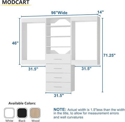 96" Modular Closet with Hanging and Drawers, White Wood Tower for Walk-In Closets, Wall-Mounted Wardrobe Organizer