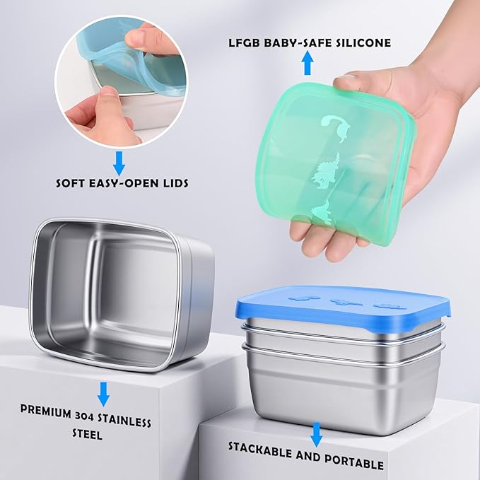 Tanjiae 3-Pack Stainless Steel Snack Containers - 550ml (18oz) Leakproof Colorful Lids with Cute Dinosaurs | LFGB Certified, Stackable Metal Lunch Box for Home, Picnic, Travel