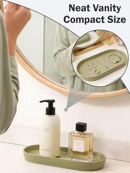 Matte Green Ceramic Bathroom Tray for Countertop, Minimalist Vanity Organizer Dish for Perfume, Jewelry & Soap, Oval Decorative Tray for Bathroom Sink, Dresser, Coffee Bar or Kitchen Counter