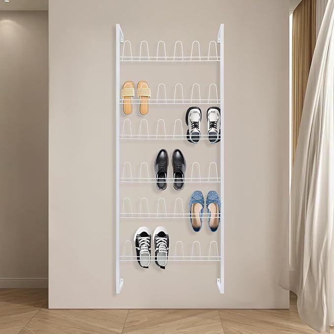 Wall Mounted Metal Shoe Rack Organizer, 6-Tier Iron Hanging Shoe Storage, Shoe Shelf Holds 18 Pairs of Shoes, Shoe Storage Rack for Entryway, Bedroom, Closet, Garage (White, 6-Tier)