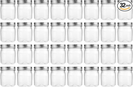 novelinks 8 oz Clear Plastic Jars with Airtight Lids, 32 Pack Plastic Mason Jars with Lids 8oz, Refillable Storage Slime Containers & Small Spice Jar for Kitchen Organization (32 Pack,Silver)