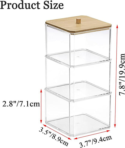Hipiwe 3 Tiers Acrylic Cotton Swab Organizer Clear Qtip Holder with Lid Stackable Bathroom Accessories Storage Box for Office Living Room Bathroom, 3.7 x 3.5 x 7.8 Inch