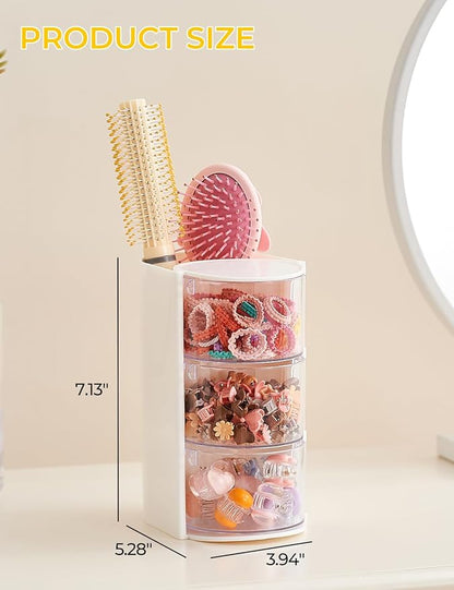 UFORU Hair Accessories Organizer with Hair Brush Holder, 3 Drawer Rotatable Hair Tie Organizer for Makeup Brushes, Hair Clips, Earrings, Necklaces, Bracelets and Hair Accessories, White, 3-Layer