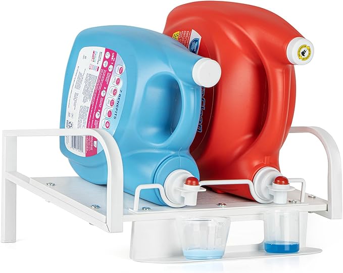 PUERSI Laundry Detergent Holder Stand with Drip Tray, Laundry Soap Holder Liquid Detergent Riser Organizer for Laundry Room, White