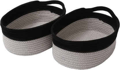 JMvicyroam Woven Basket,Small Rope Storage Bin with Handles & Ribbon Bag, Organizer for Shelves Closets,Gift Basket Empty for Birthday,Books,Dog Toys, Black&Grey/2 Pack