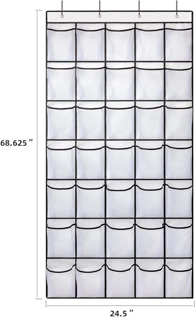 SAVERHO 35 Pockets Over the Door Shoe Organizer, Hanging Shoe Organizer for Door with 35 Mesh Pockets Large Capacity Shoe Hanging Storage Bag with 4 Metal Hooks (White-1Pack)