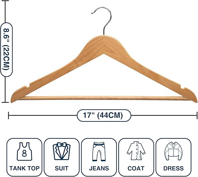Wooden Hangers 20 Pack Smooth Finish Wood Hanger,Sturdy Clothes Hanger for Suit,Jacket, Pant, Dress,Coat Hangers for Closet (Natural)