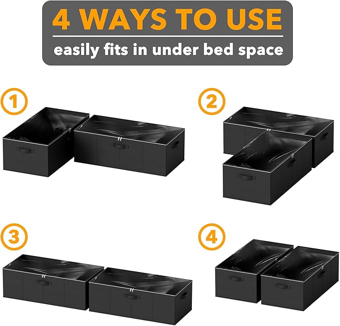 SpaceAid 2 Pack 10" High Under Bed Storage Containers, Large Underbed Storage Organizer Bins with Lids for Bedroom, Dorm, Clothes, Closet Organization, Bed Sheets and Blankets (Black)