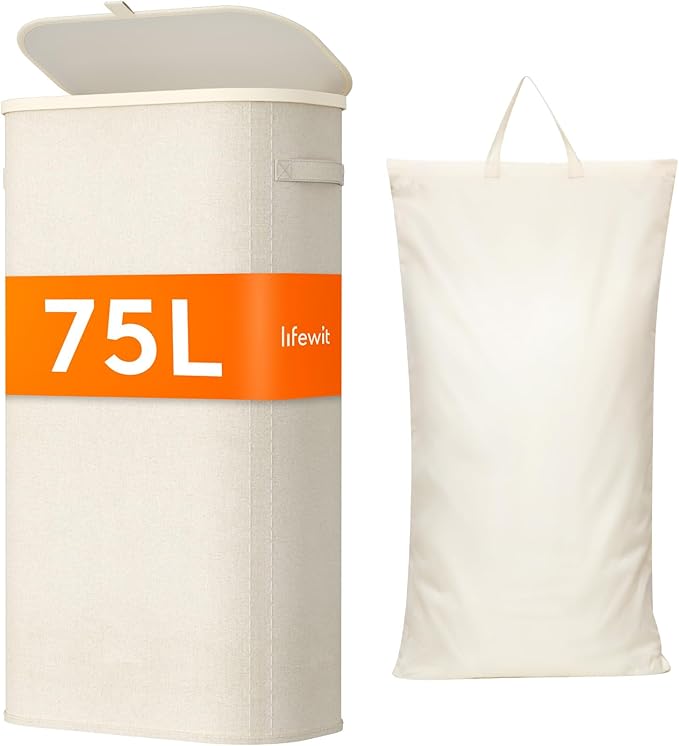 Lifewit Slim Laundry Basket with Lid, Narrow Large Laundry Hamper with Plastic Handles and Removable Bag, Tall Foldable Dirty Clothes Hampers for Laundry Room, Bedroom, Bathroom, Dorm, 75L White