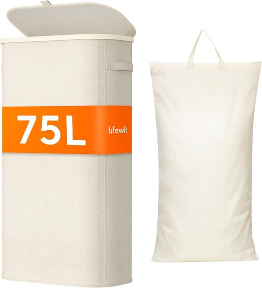 Lifewit Slim Laundry Basket with Lid, Narrow Large Laundry Hamper with Plastic Handles and Removable Bag, Tall Foldable Dirty Clothes Hampers for Laundry Room, Bedroom, Bathroom, Dorm, 75L White