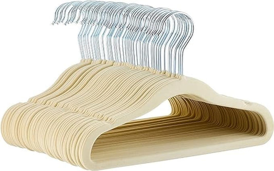 Amazon Basics Kids Space Saving Velvet Non-Slip Clothes Hangers with Shoulder Notches for Infant and Toddler, 11.6", Beige, 50-Pack
