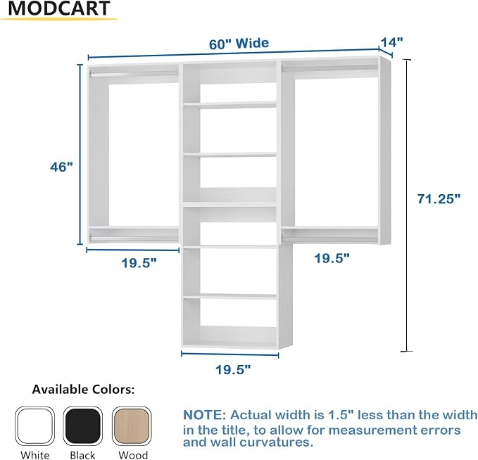 Modular Closet System, 60" Wide Closet Organizer System with Hanging and Towers, Wood Tower Closet Storage for Walk In Closets, Wall Mounted Wardrobe Organizer Kit System, Bedroom, White